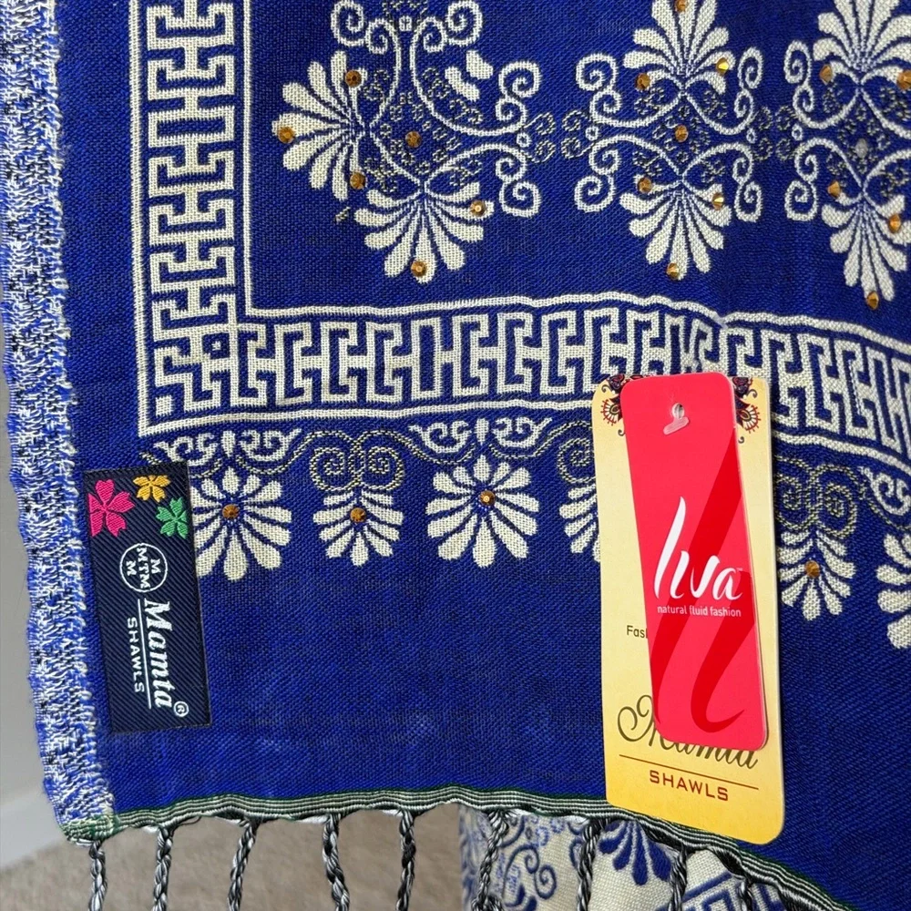 Reversible Mamta Sapphire Blue and Ivory Floral Shawl Scarf with Rhinestones .